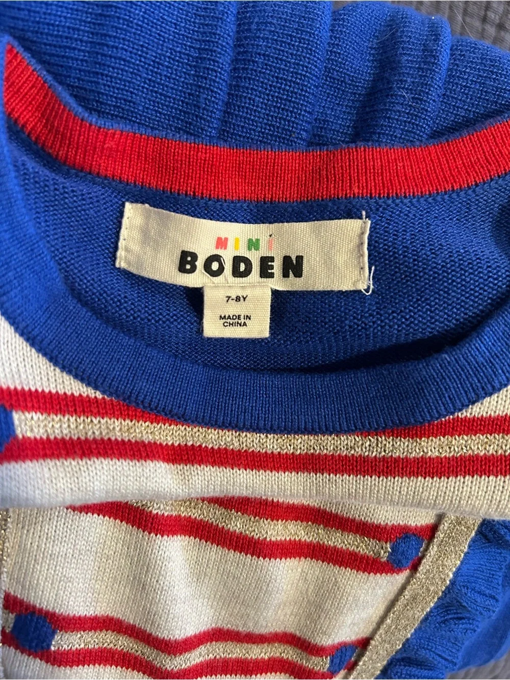 Mini Boden Girls 7-8y Nutcracker Knit Dress Blue Red Gold Holiday